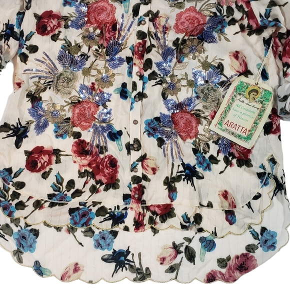 Aratta Silent Journey Floral Print Shirt Sz L Velvet Collar Boho Whimsy Fairy - Picture 8 of 16